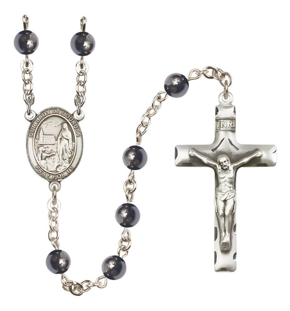 Silver Plated 6mm Hematite Our Lady of Lourdes Rosary,