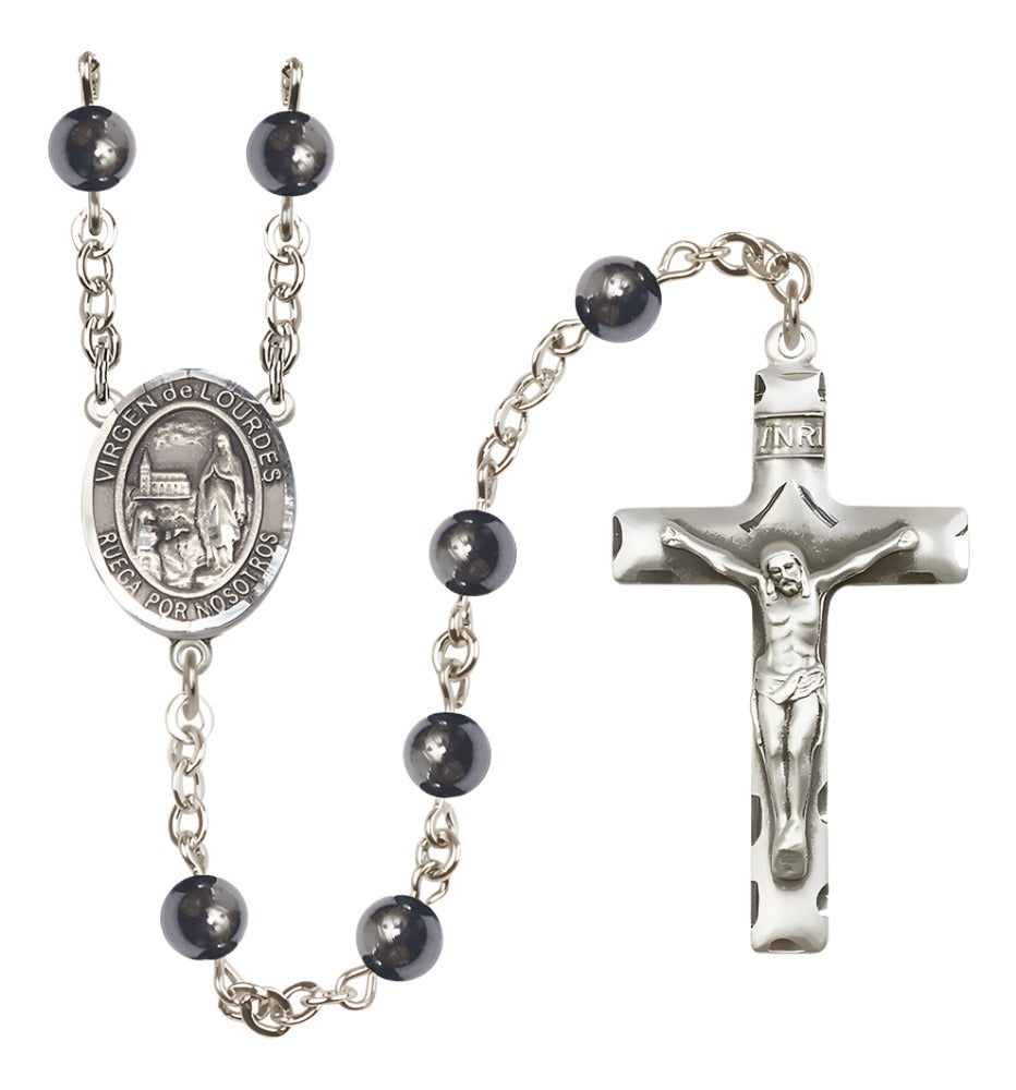 Silver Plated 6mm Hematite Virgen del Lourdes Rosary,