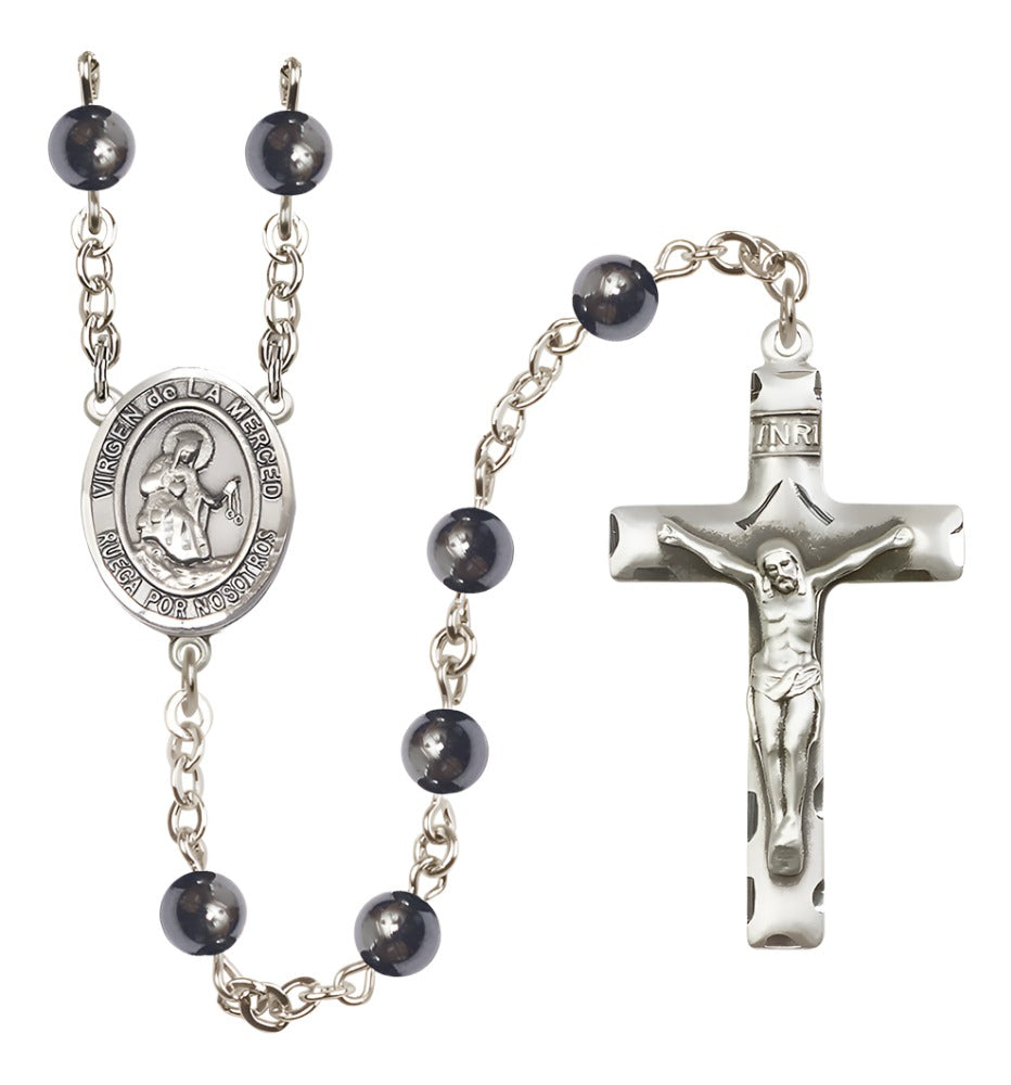 Silver Plated 6mm Hematite Virgen de la Merced Rosary,