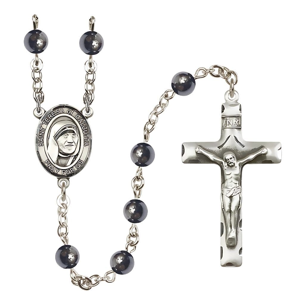 St. Teresa of Calcutta 6mm Hematite Bead Rosary, Made in USA by Bliss Manufacturing