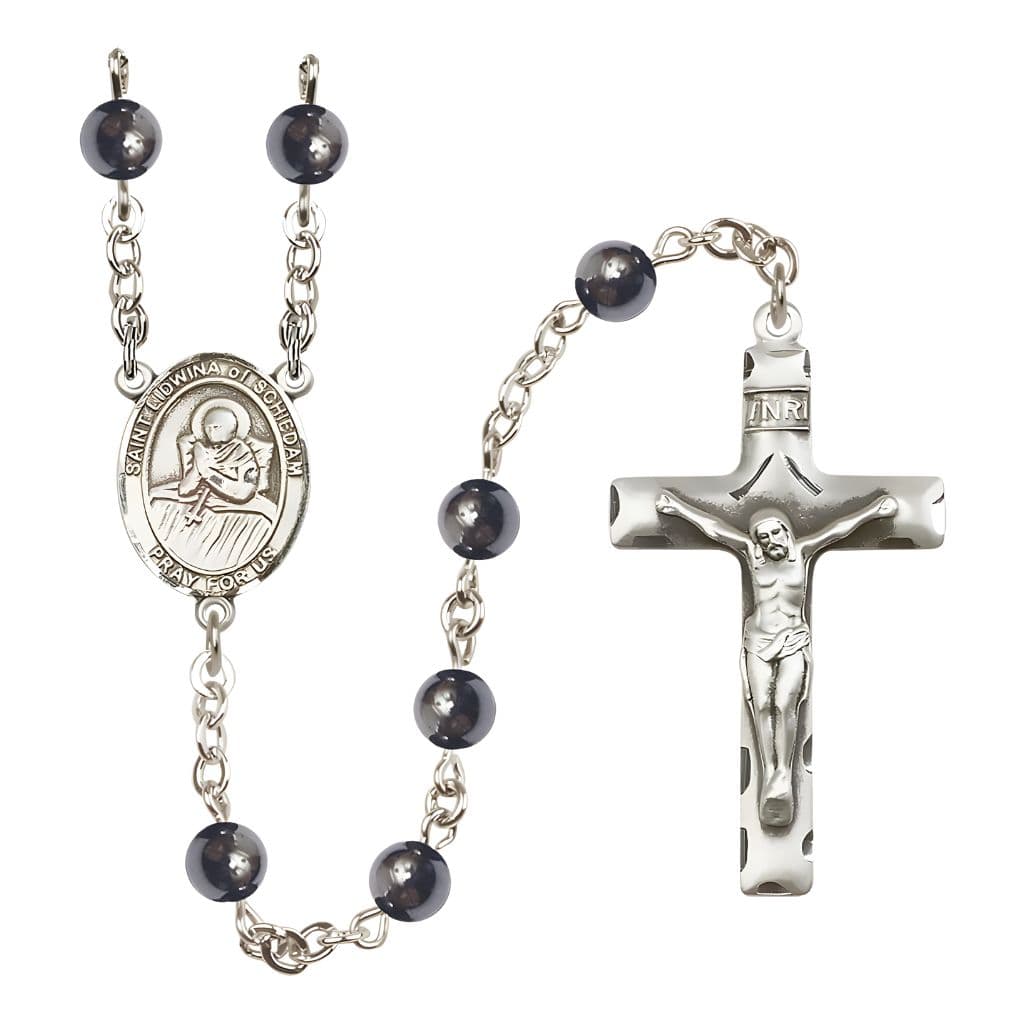 Bliss St. Lidwina of Schiedam 6mm Hematite Bead Catholic Rosary with Pewter Centerpiece and Crucifix