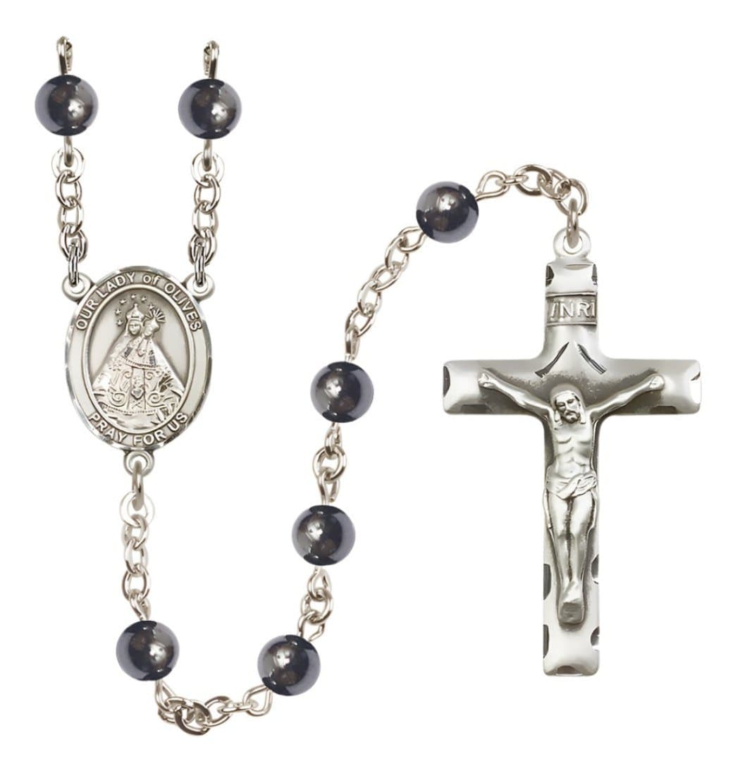 Silver Plated 6mm Hematite Our Lady of Olives Rosary,