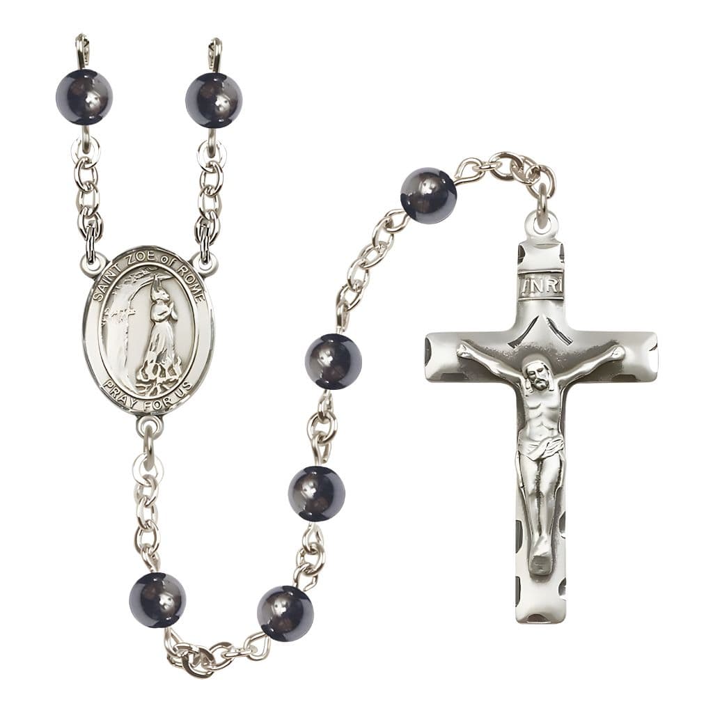 Bliss St. Zoe of Rome 6mm Hematite Bead Silver-plated Rosary with Pewter Centerpiece and Crucifix