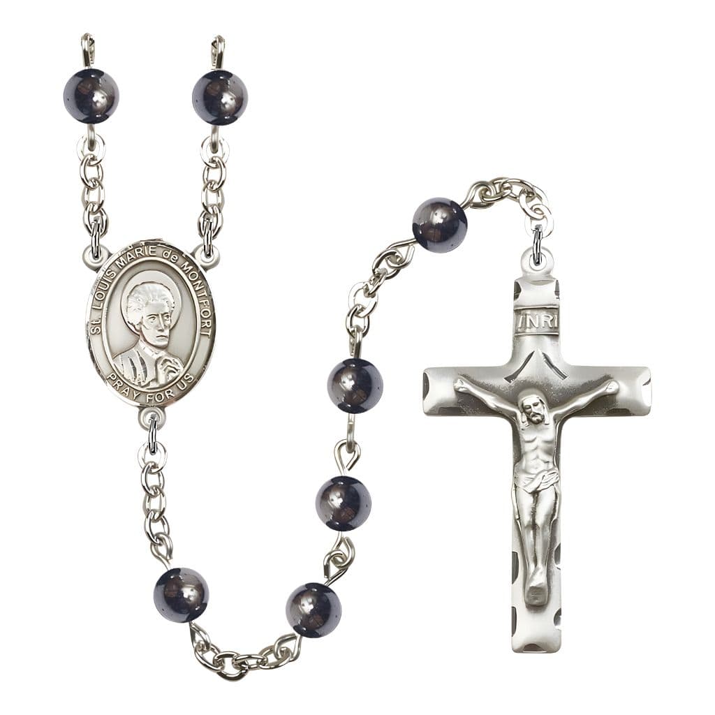 Bliss St. Louis Marie de Montfort 6mm Hematite Bead Catholic Rosary with Pewter Centerpiece and Crucifix