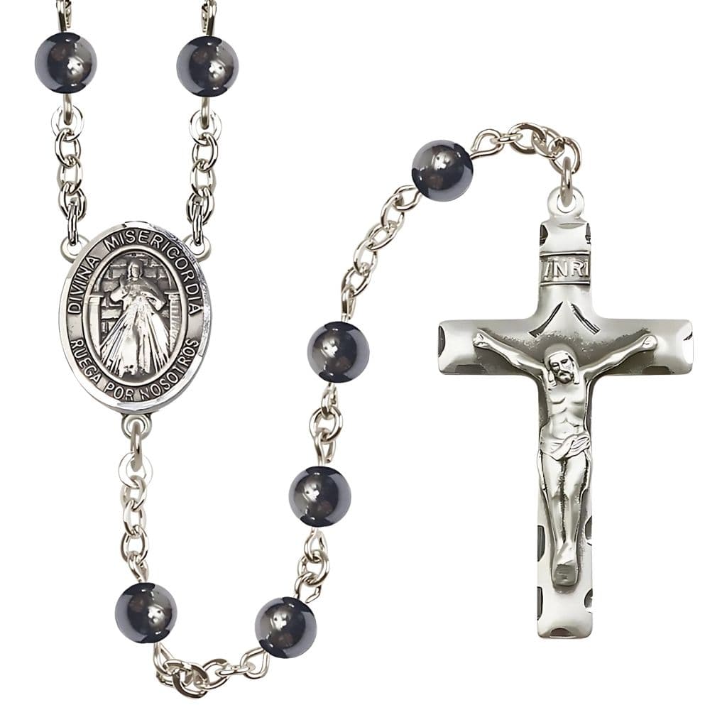 Bliss Spanish Jesus Divine Mercy 6mm Hematite Bead Catholic Rosary with Pewter Centerpiece and Crucifix