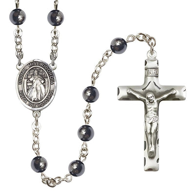 Spanish Jesus Divine Mercy 6mm Hematite Bead Catholic Rosary with Pewter Centerpiece and Crucifix, Bliss Manufacturing