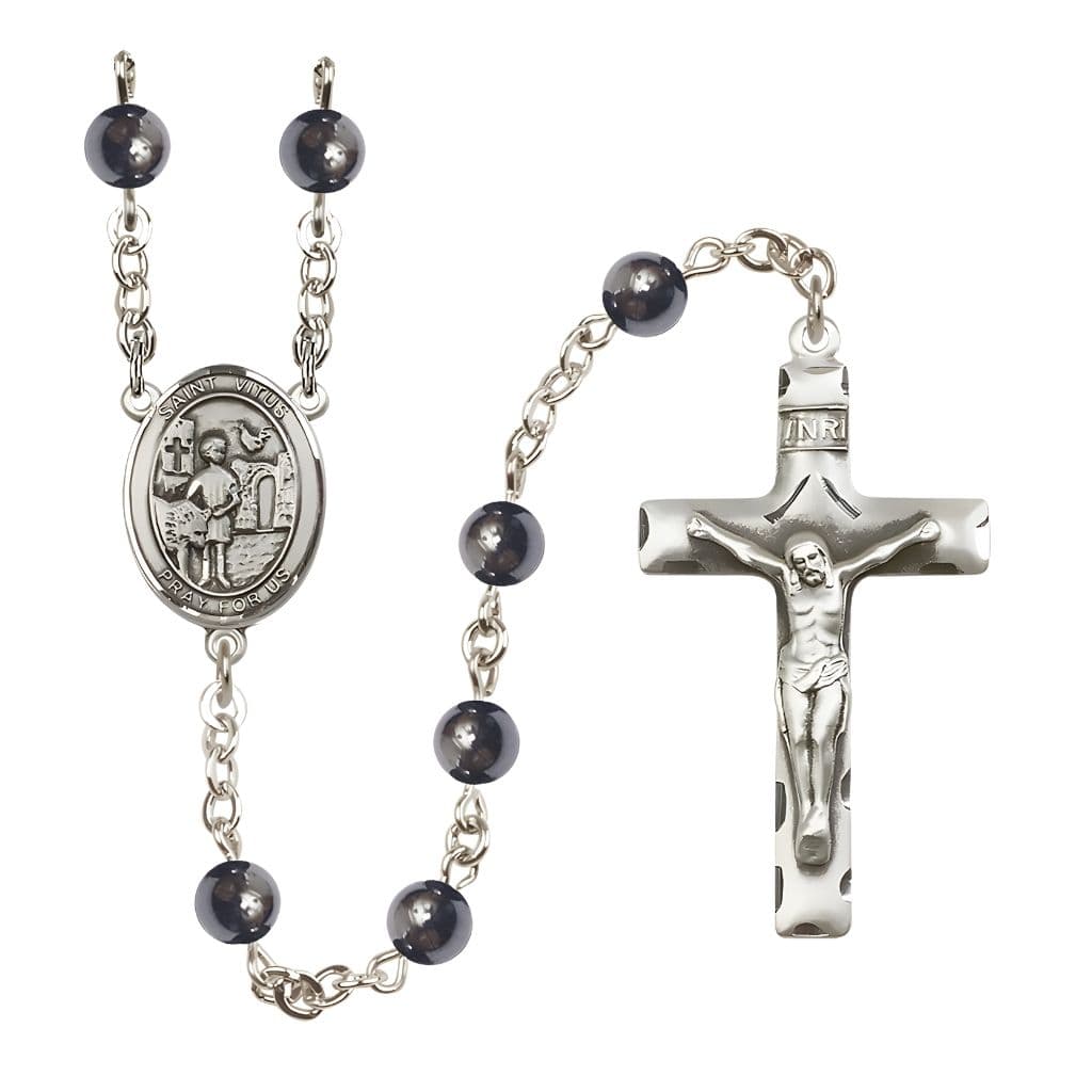 Bliss St. Vitus 6mm Hematite Bead Catholic Rosary with Pewter Centerpiece and Crucifix