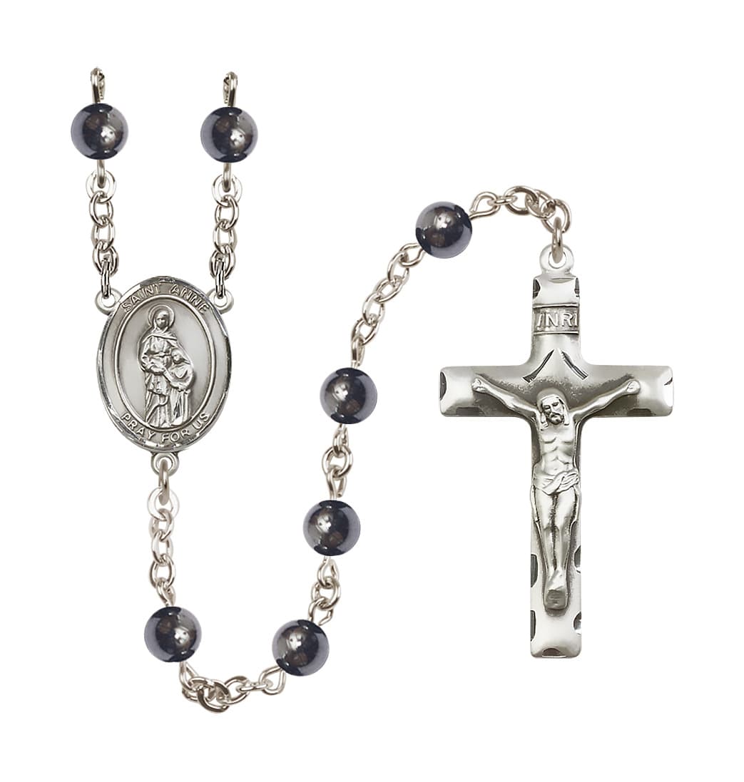 Bliss St Anne and Mary 6mm Hematite Silver-plated Rosary,