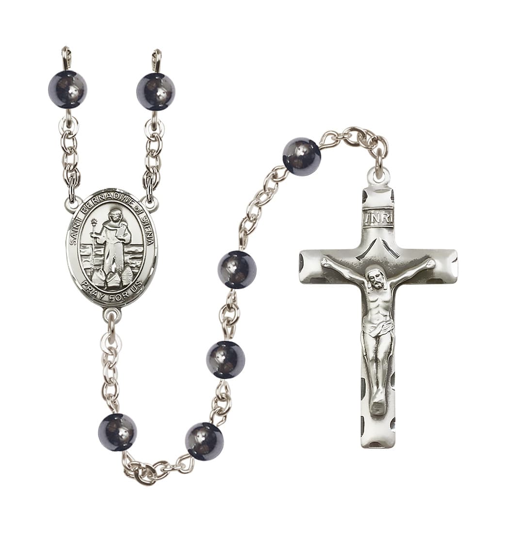 Bliss St Bernadine of Sienna 6mm Hematite Silver-plated Rosary,