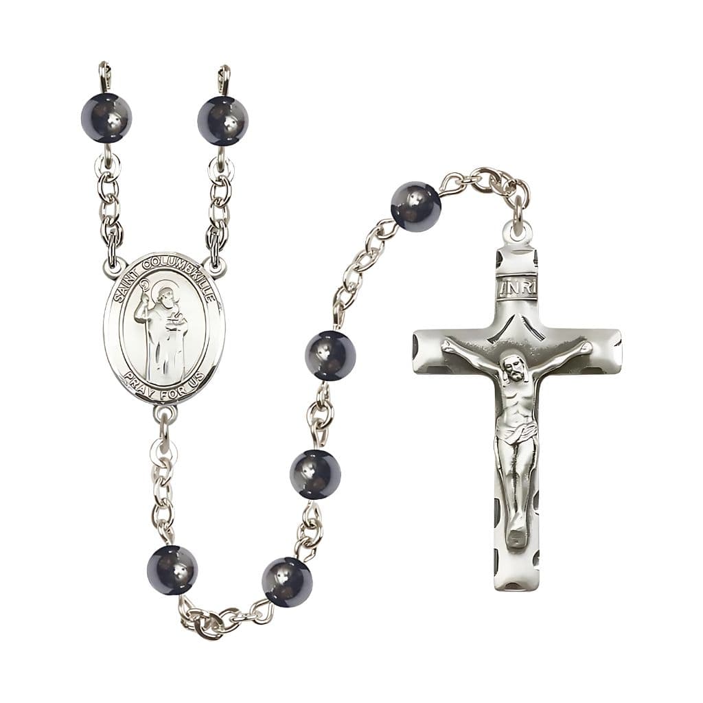St Columbkille 6mm Hematite Silver-plated Rosary made in USA by Bliss,