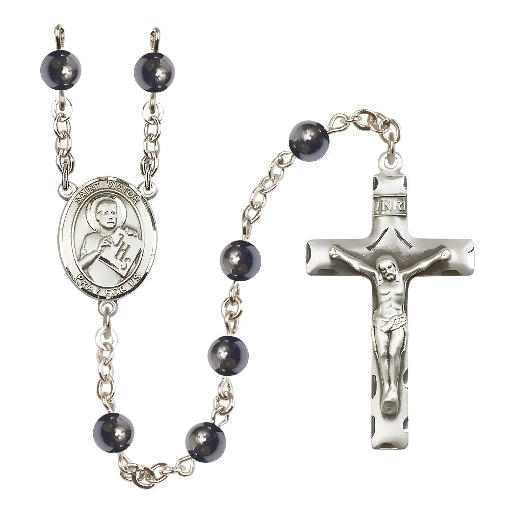 Bliss St. Viator of Bergamo 6mm Hematite Bead Catholic Rosary with Pewter Centerpiece and Crucifix