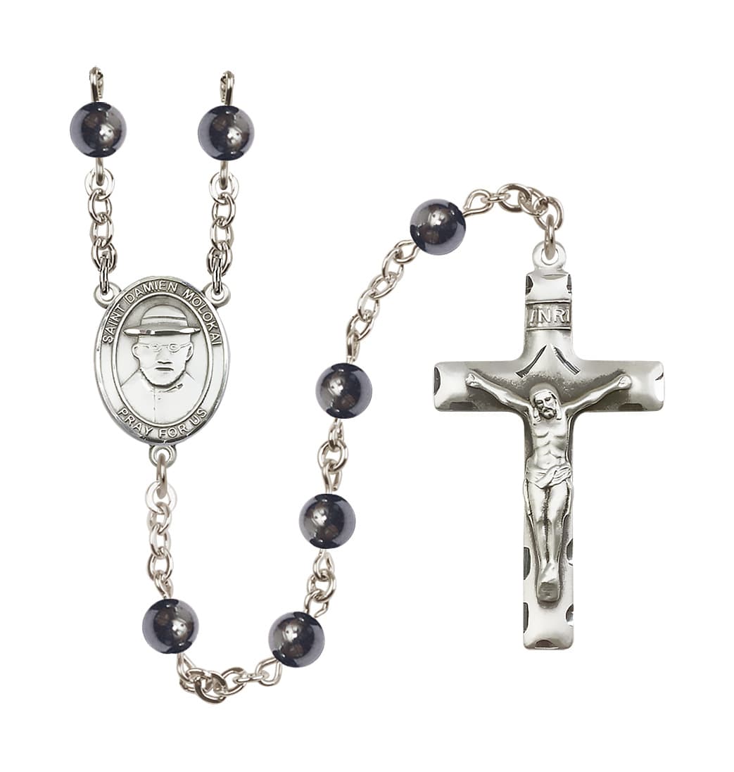 Bliss St Damien of Molokai 6mm Hematite Silver-plated Rosary,