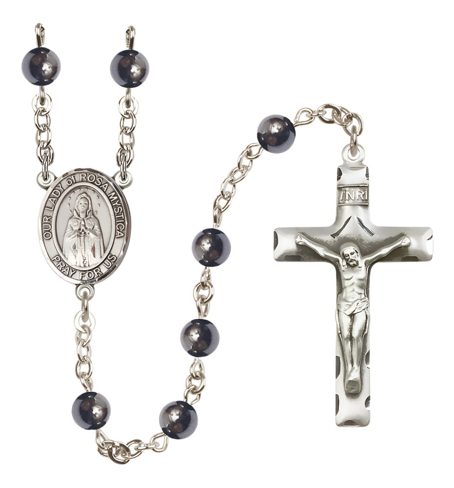 Our Lady of Rosa Mystica 6mm Hematite Silver-platedRosary