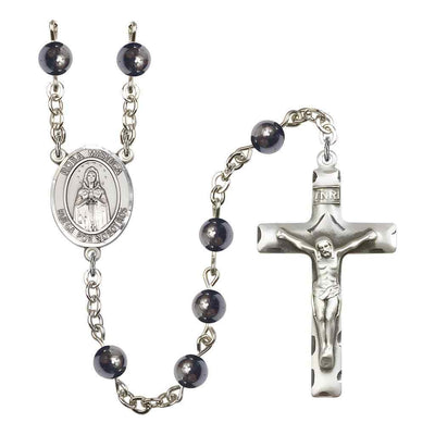 Spanish Rosa Mystica 6mm Hematite Bead Rosary with Pewter Centerpiece and Crucifix, Gift Box.