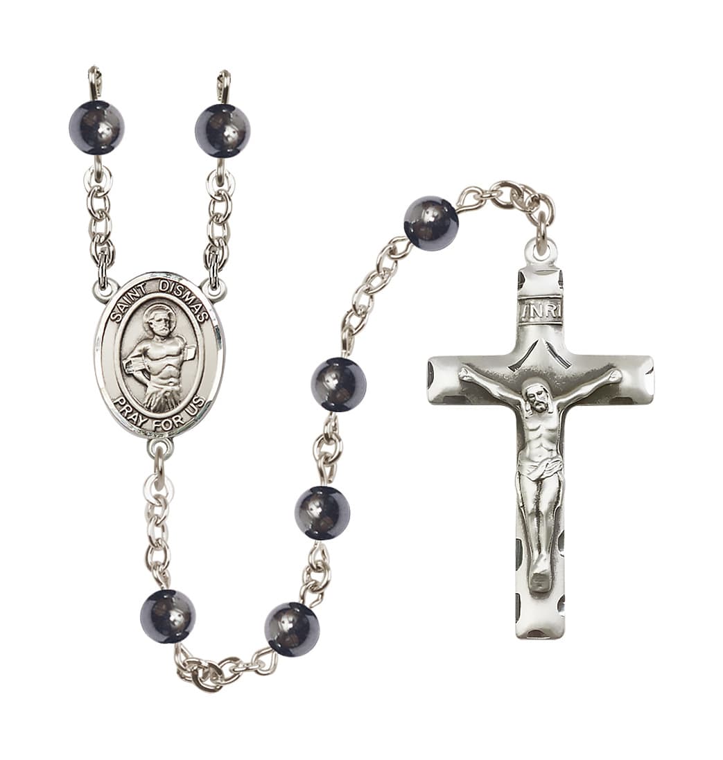 Bliss St Dismas 6mm Hematite Silver-plated Rosary,