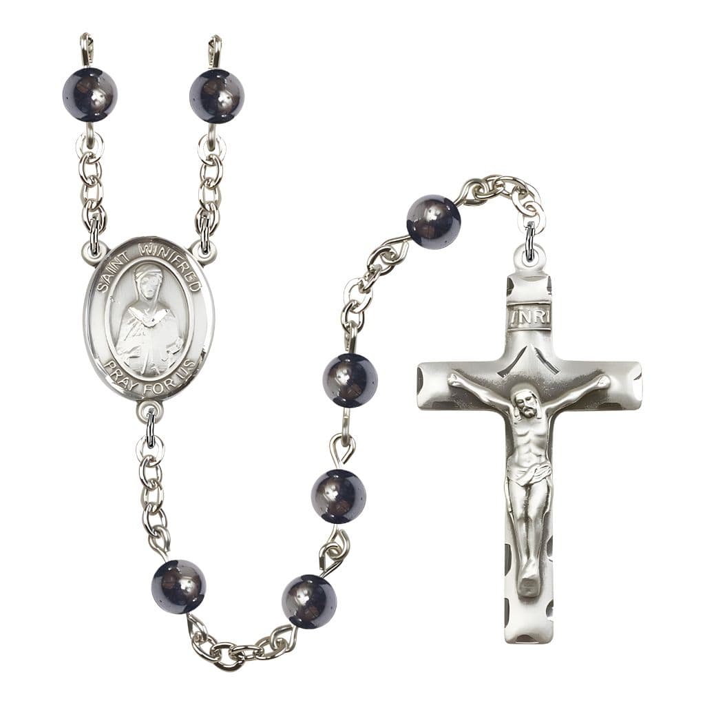 Bliss St. Winifred of Wales 6mm Hematite Bead Silver-plated Rosary with Pewter Centerpiece and Crucifix