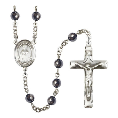 St. Winifred of Wales 6mm Hematite Bead Silver-plated Rosary with Pewter Centerpiece and Crucifix, Bliss Manufacturing