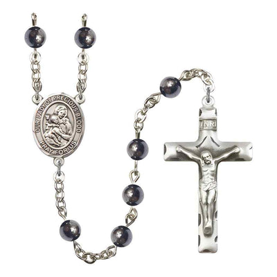 Our Lady of the Precious Blood 6mm Silver-Plated Bead Rosary with Pewter Centerpiece and Crucifix, Gift Box.