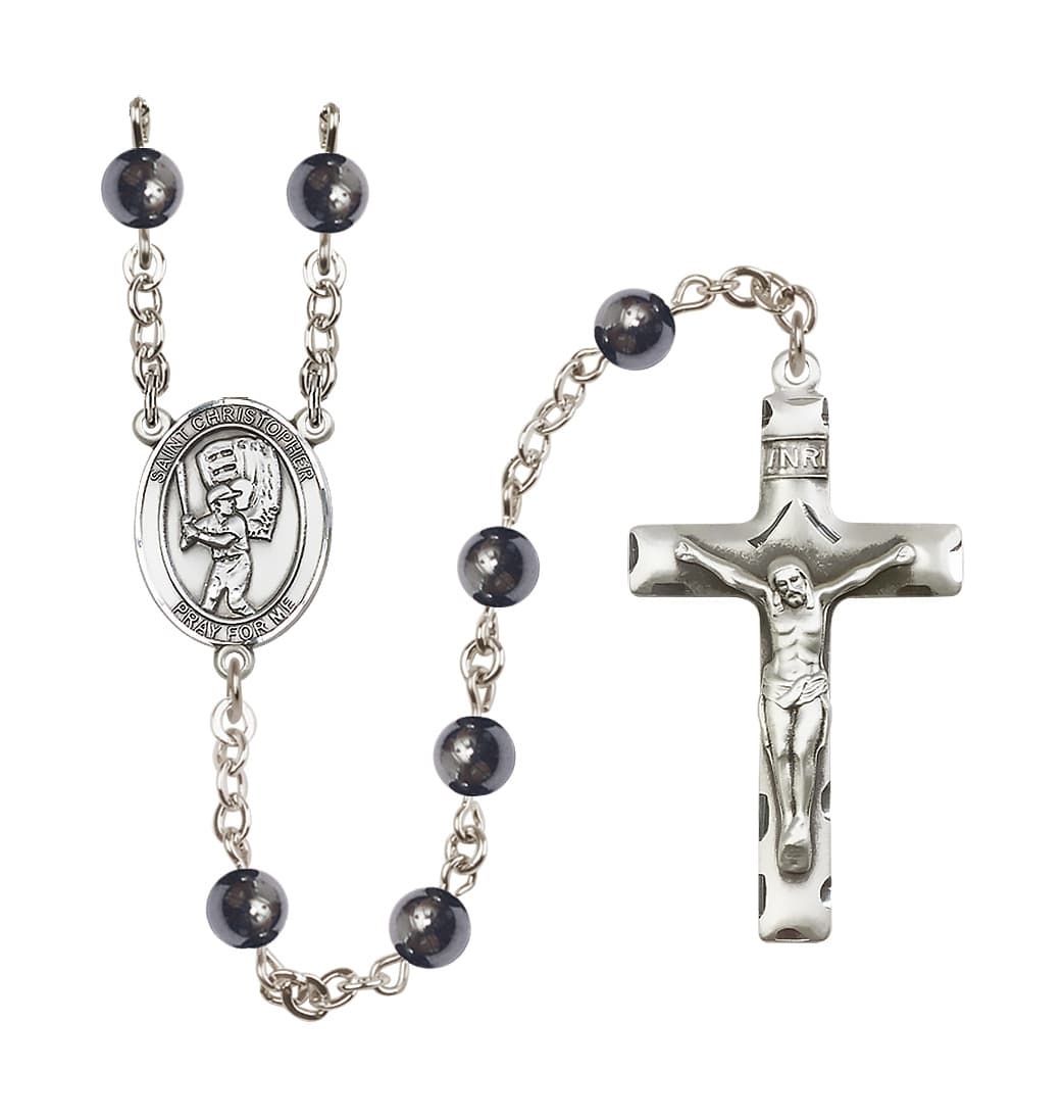 Bliss St Christopher Baseball 6mm Hematite Bead Rosary