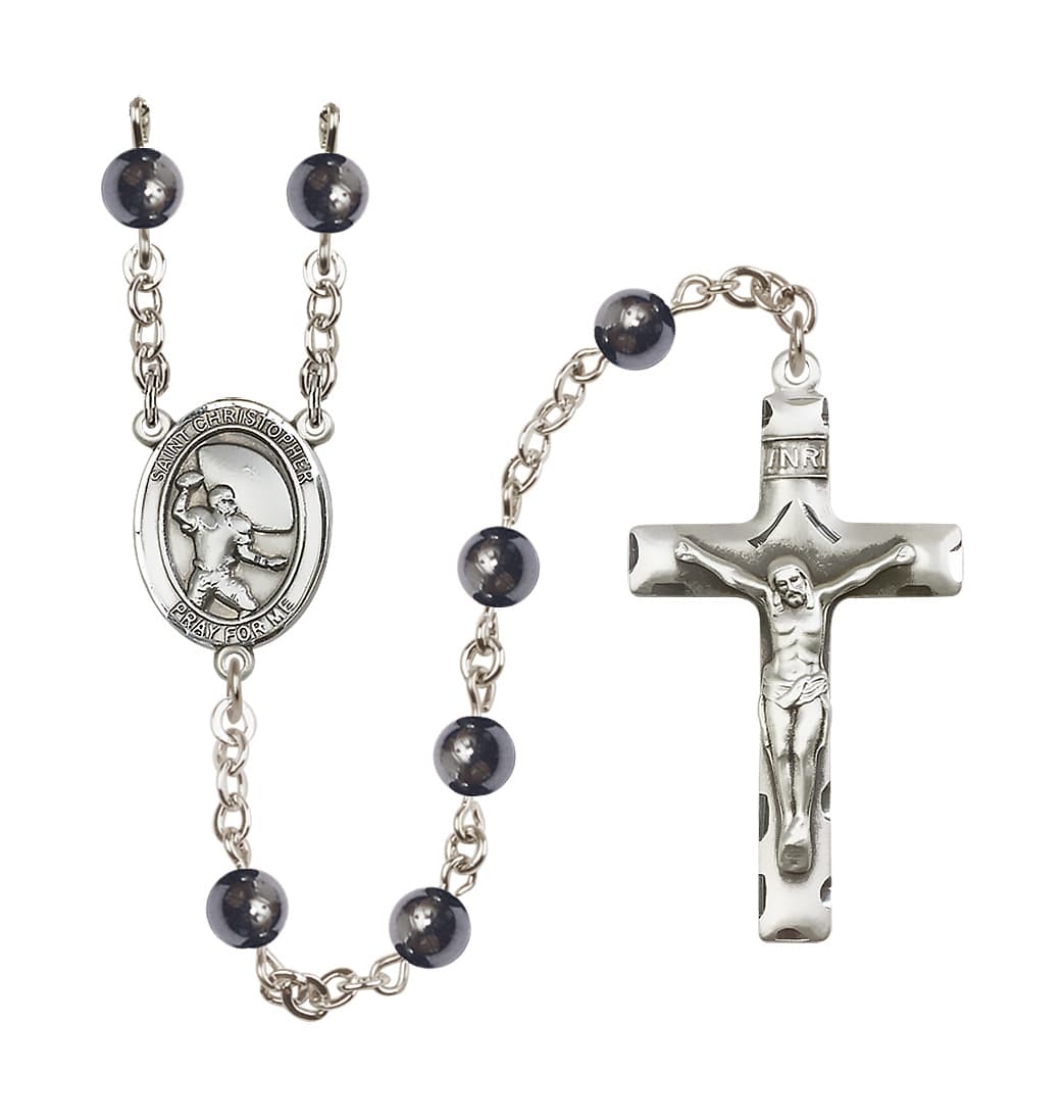 Bliss St Christopher Football 6mm Hematite Bead Rosary