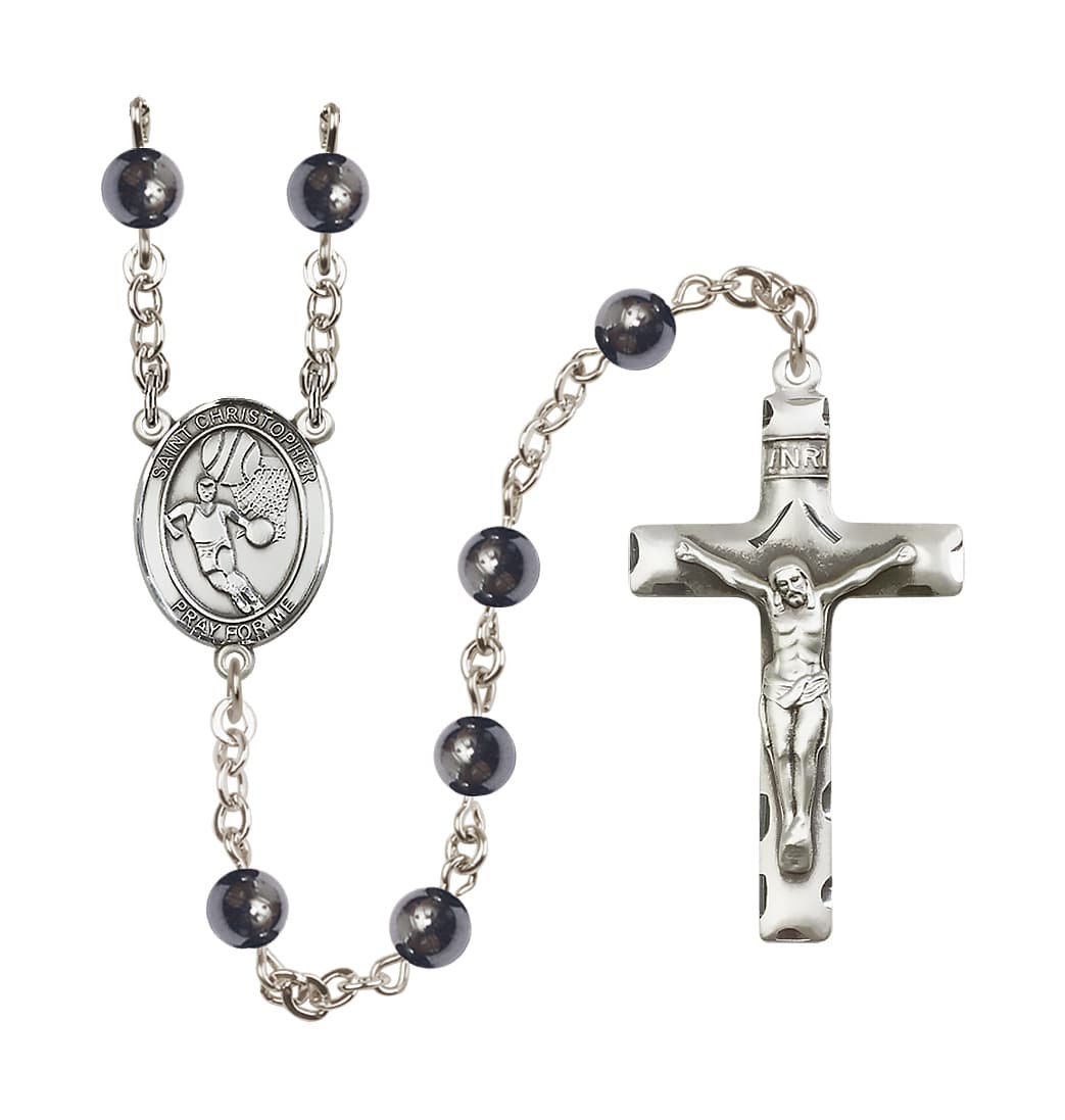 Bliss St Christopher Basketball 6mm Hematite Bead Rosary,