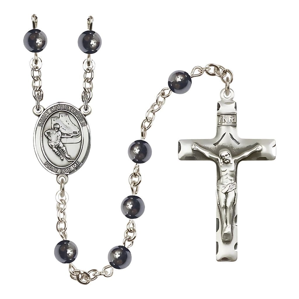 Bliss St. Christopher Ice Hockey 6mm Hematite Silver-plated Rosary with pewter centerpiece and crucifix