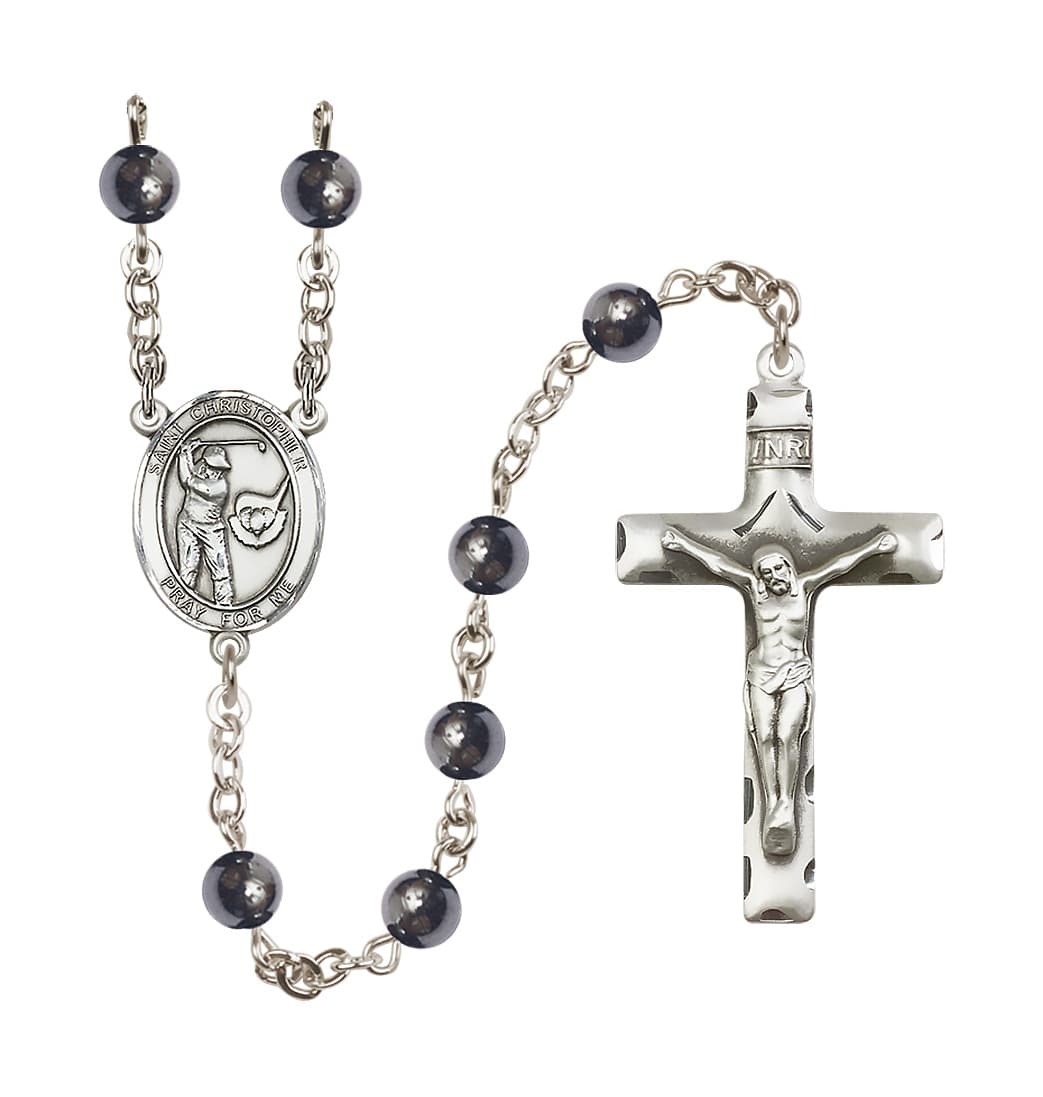 Bliss St Christopher Golf 6mm Hematite Bead Rosary,