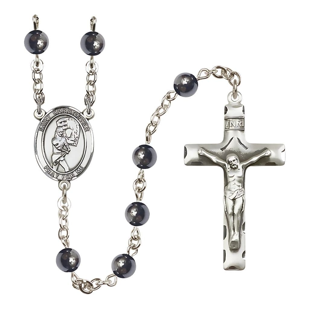 Bliss St. Christopher Softball Player 6mm Hematite Silver-plated Rosary, Pewter Centerpiece and Crucifix