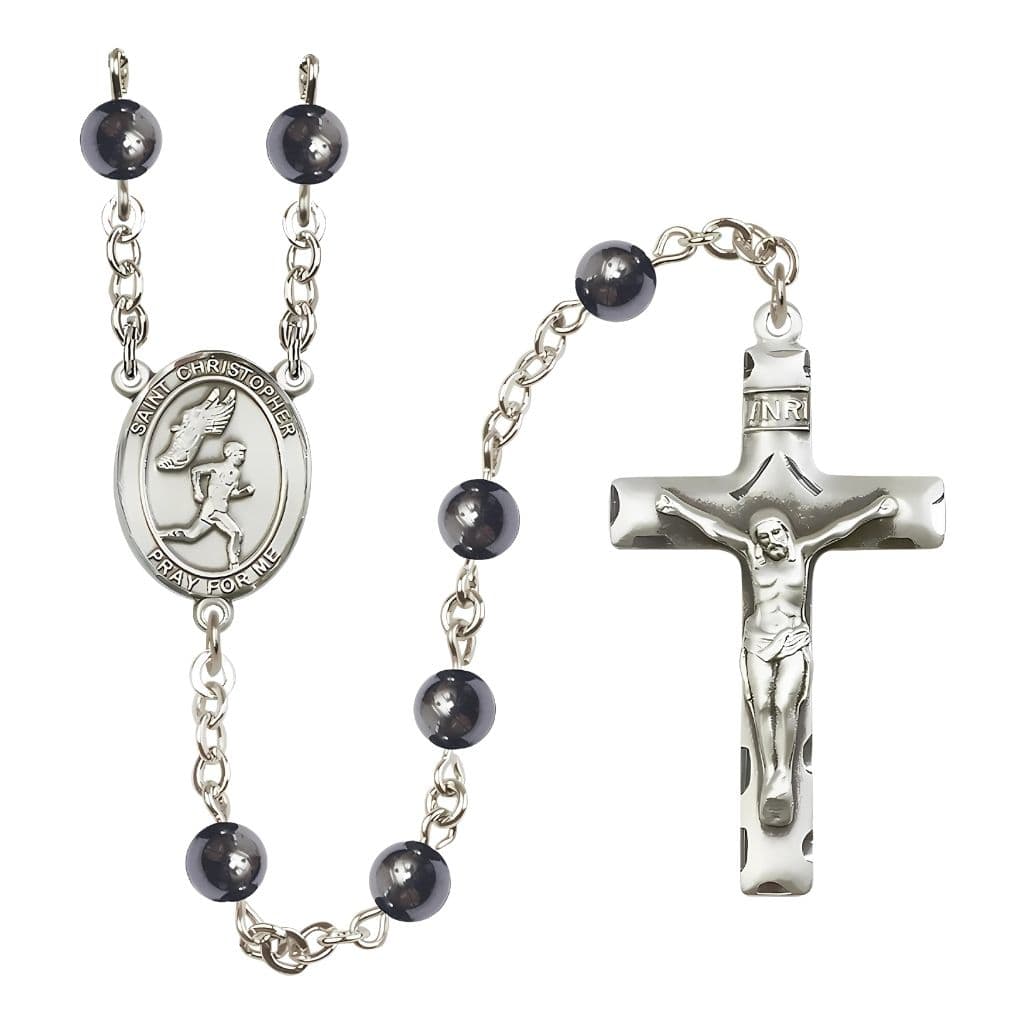 St. Christopher Boy's Track with Shoe with Wings 6mm Hematite Silver-plated Rosary, handcrafted in the USA by Bliss Manufacturing