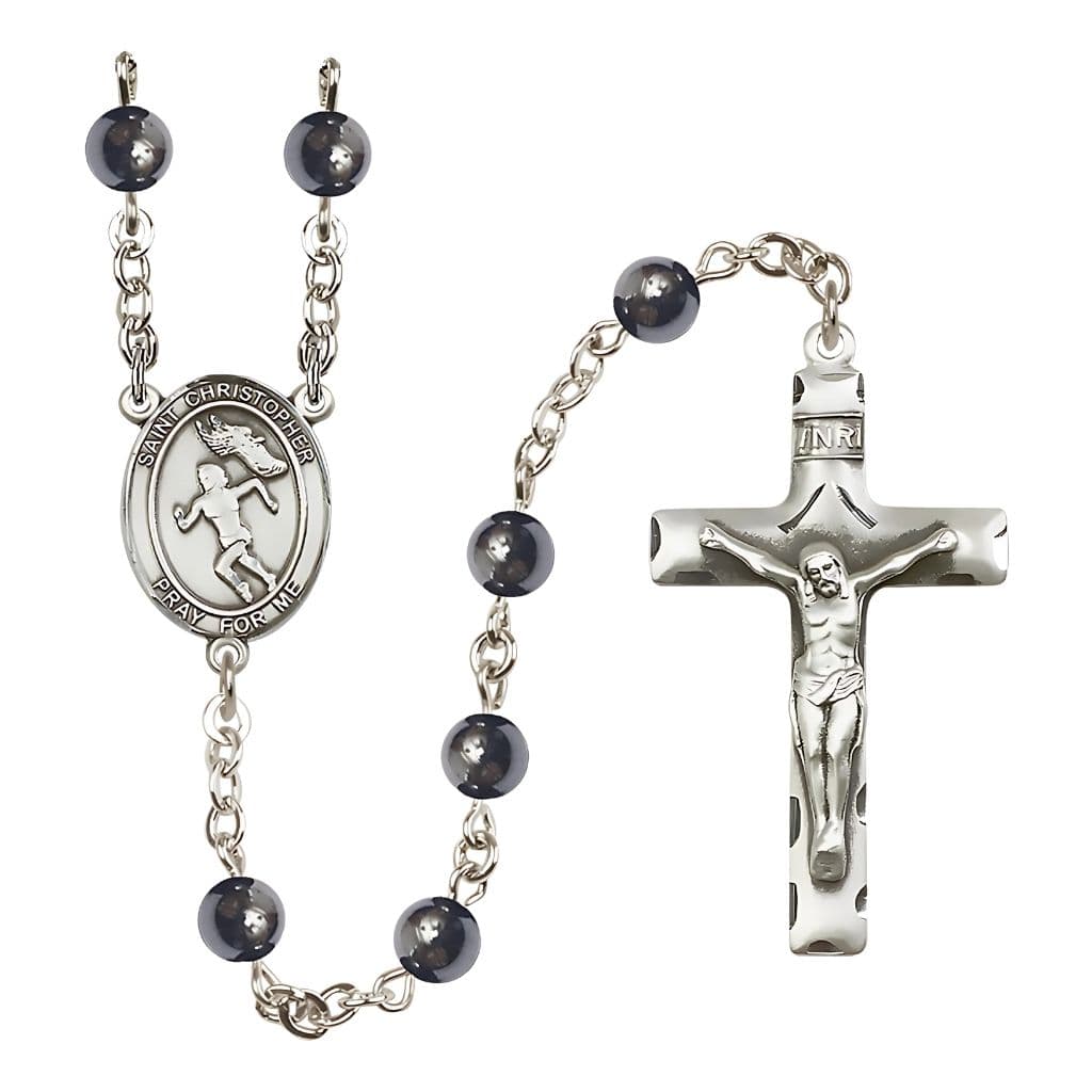 St. Christopher Girl's Track and Shoe with Wings 6mm Hematite Silver-plated Rosary, handcrafted in the USA by Bliss Manufacturing