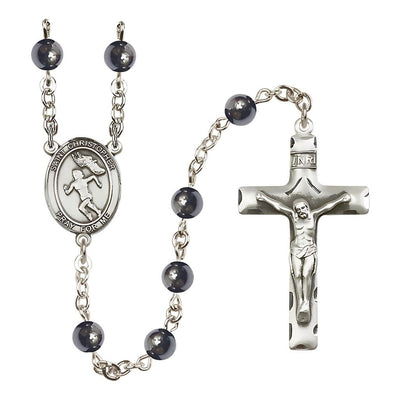 St. Christopher Girl's Track and Shoe with Wings 6mm Hematite Silver-plated Rosary, handcrafted in the USA, Bliss Manufacturing