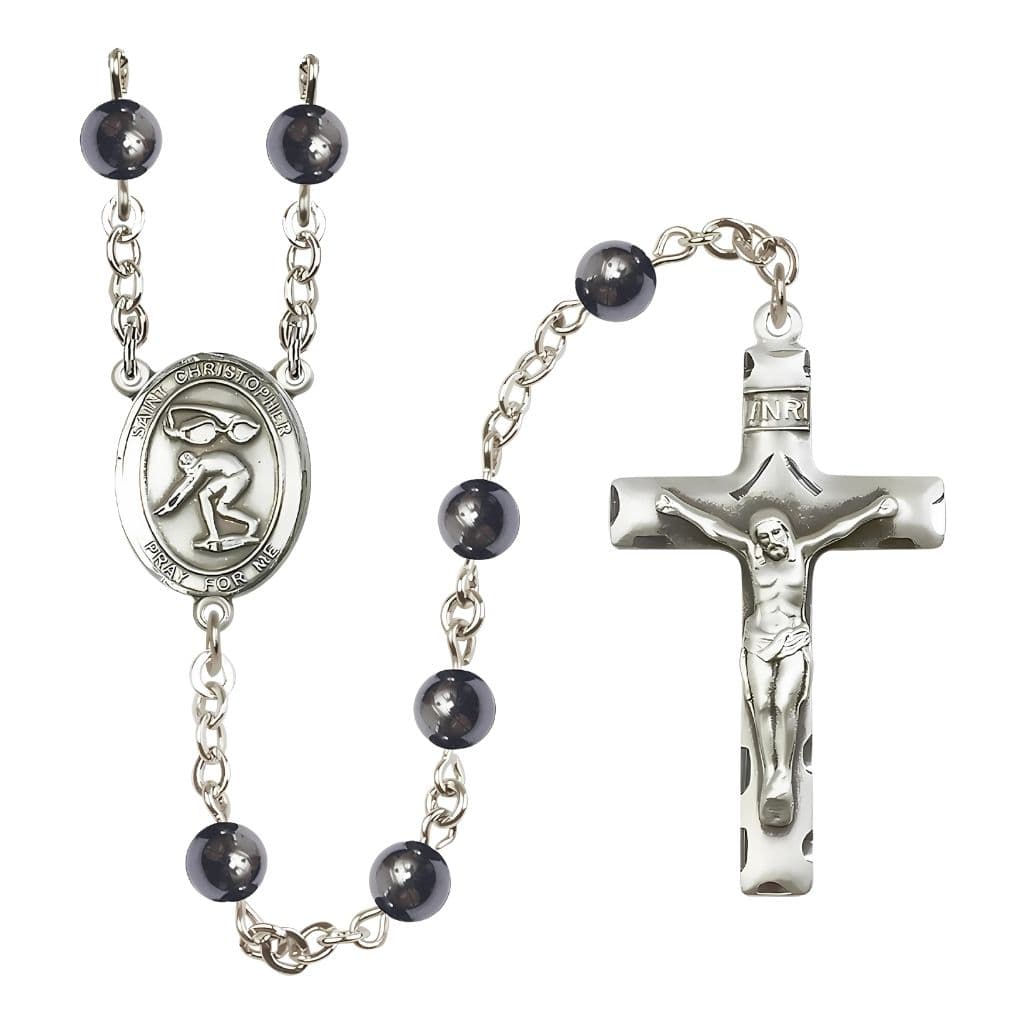 Bliss St. Christopher Swimming 6mm Hematite Silver-plated Rosary, handcrafted in the USA,