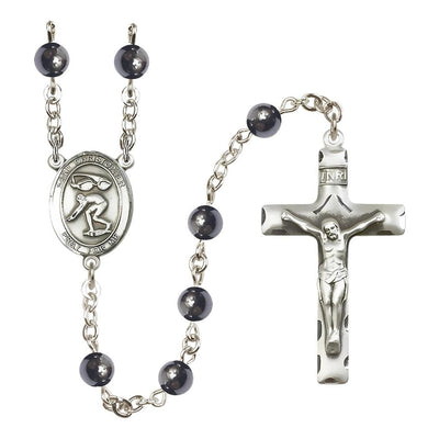 St. Christopher Swimming 6mm Hematite Silver-plated Rosary, handcrafted in the USA, Bliss Manufacturing