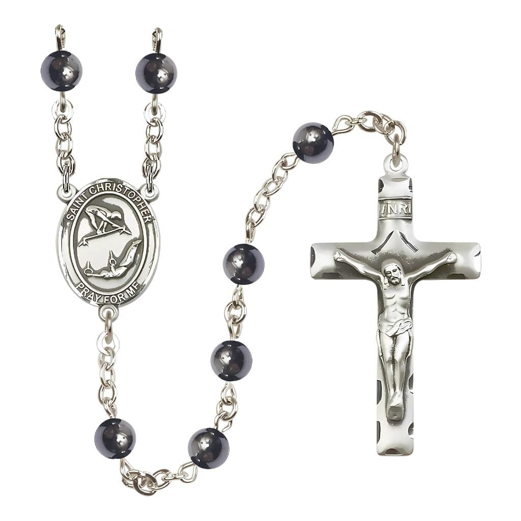 St. Christopher Girl's Gymnastics 6mm Hematite Silver-plated Rosary with pewter centerpiece and crucifix