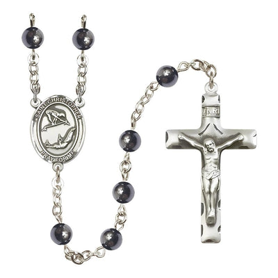 St. Christopher Girl's Gymnastics 6mm Hematite Silver-plated Rosary with pewter centerpiece and crucifix, Bliss Manufacturing