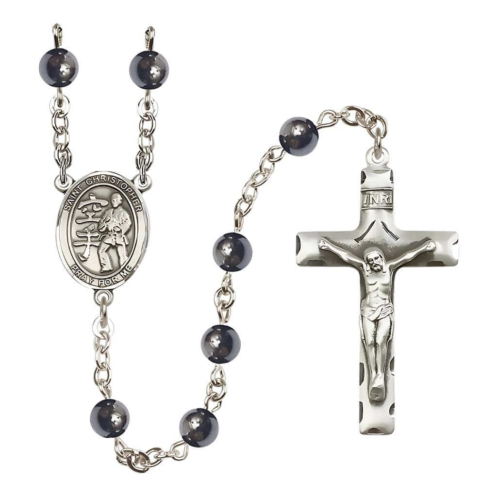 Bliss St. Christopher Karate 6mm Hematite Silver-plated Rosary with pewter centerpiece and crucifix