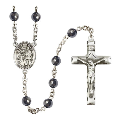 St. Christopher Karate 6mm Hematite Silver-plated Rosary with pewter centerpiece and crucifix, Bliss Manufacturing