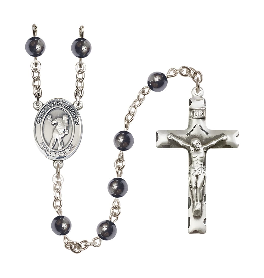 Bliss St Christopher Lacrosse 6mm Hematite Bead Rosary,