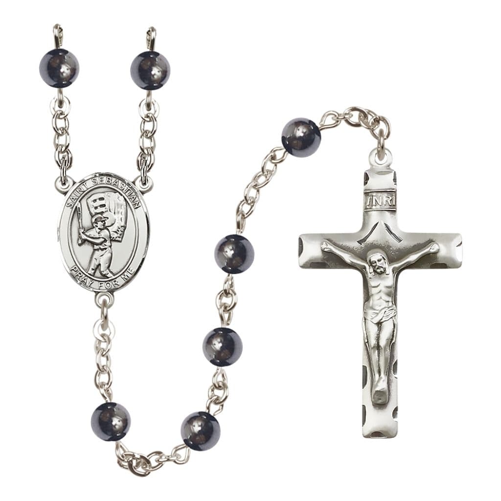 Bliss St. Sebastian Baseball Player with Ball and Glove 6mm Round Hematite Bead Silver-plated Rosary