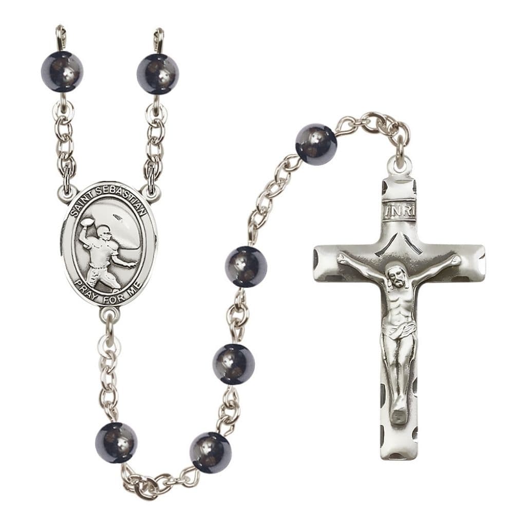 Bliss St. Sebastian Football Player 6mm Round Hematite Bead Silver-plated Rosary