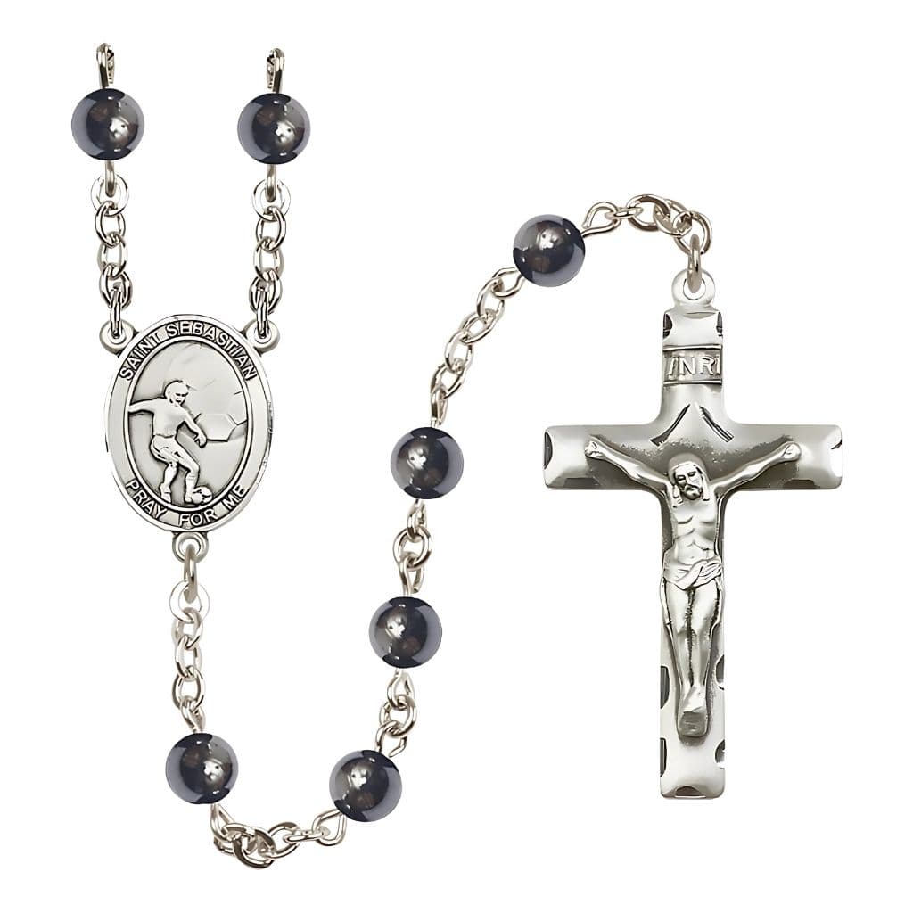  Bliss St. Sebastian Soccer 6mm Hematite Rosary, handcrafted in the USA with Pewter Parts