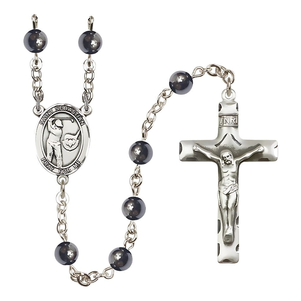 St. Sebastian Golf 6mm Hematite Rosary | Bliss USA