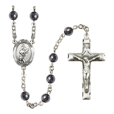 St. Sebastian Softball 6mm Hematite Silver-plated Rosary with pewter centerpiece and crucifix, Bliss Manufacturing