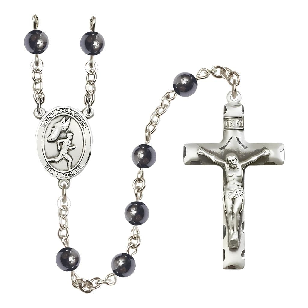 St. Sebastian Boy's Track 6mm Hematite Silver-plated Rosary with Pewter Parts,