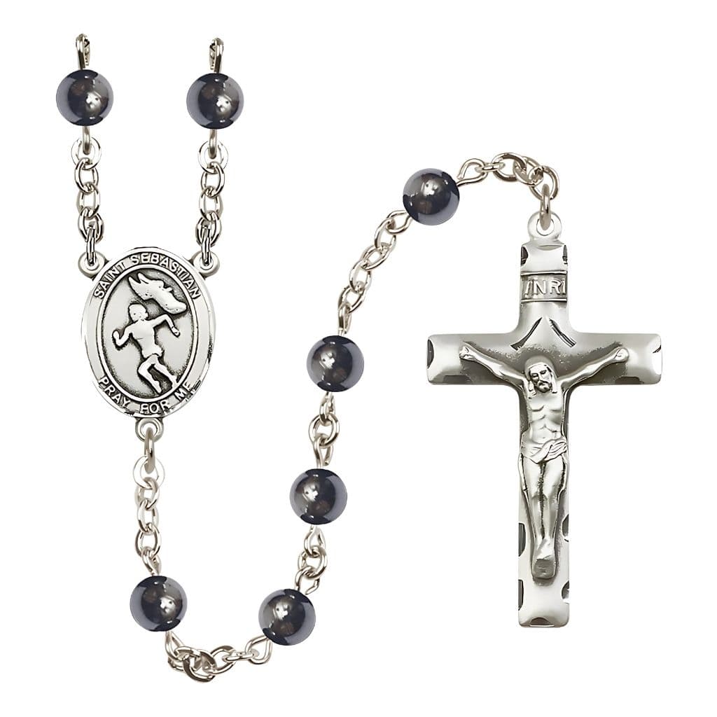 St. Sebastian Girl's Track 6mm Hematite Silver-plated Rosary with Pewter Parts,