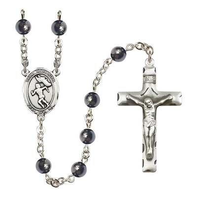 St. Sebastian Girl's Track 6mm Hematite Silver-plated Rosary with Pewter Parts, Bliss Manufacturing