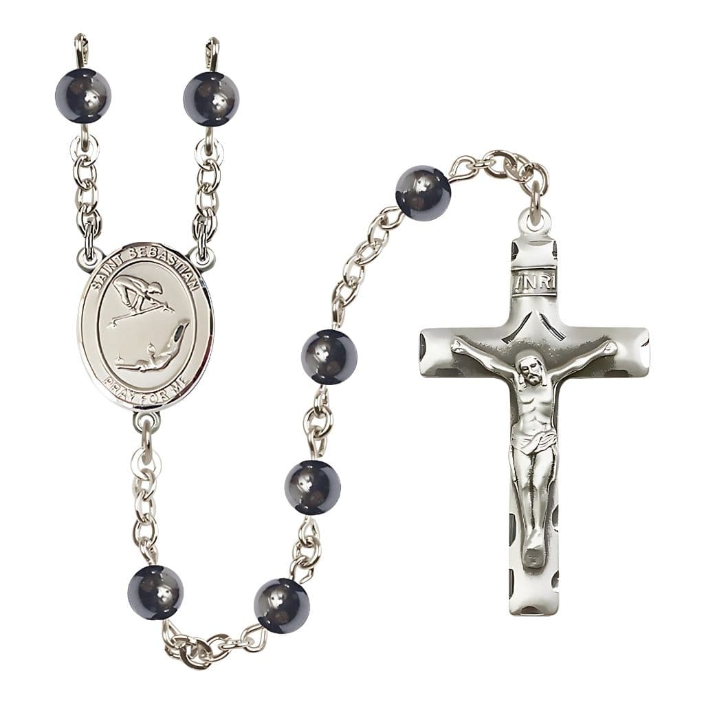 Bliss St. Sebastian Girl's Gymnastics 6mm Hematite Silver-plated Rosary with pewter centerpiece and crucifix