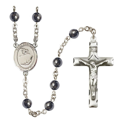 St. Sebastian Girl's Gymnastics 6mm Hematite Silver-plated Rosary with pewter centerpiece and crucifix, Bliss Manufacturing