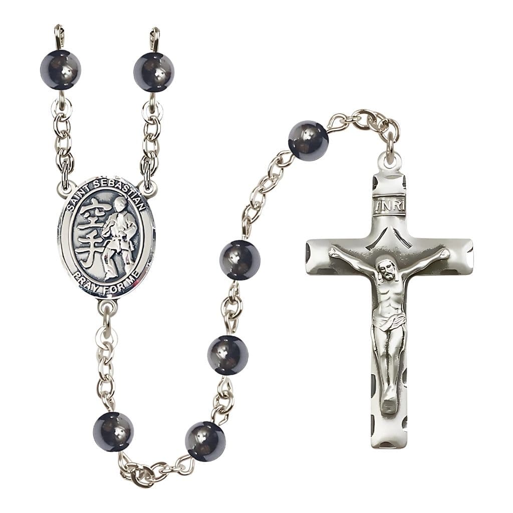 Bliss St. Sebastian Karate 6mm Hematite Silver-plated Rosary with pewter centerpiece and crucifix