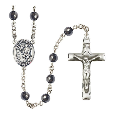 St. Sebastian Karate 6mm Hematite Silver-plated Rosary with pewter centerpiece and crucifix, Bliss Manufacturing